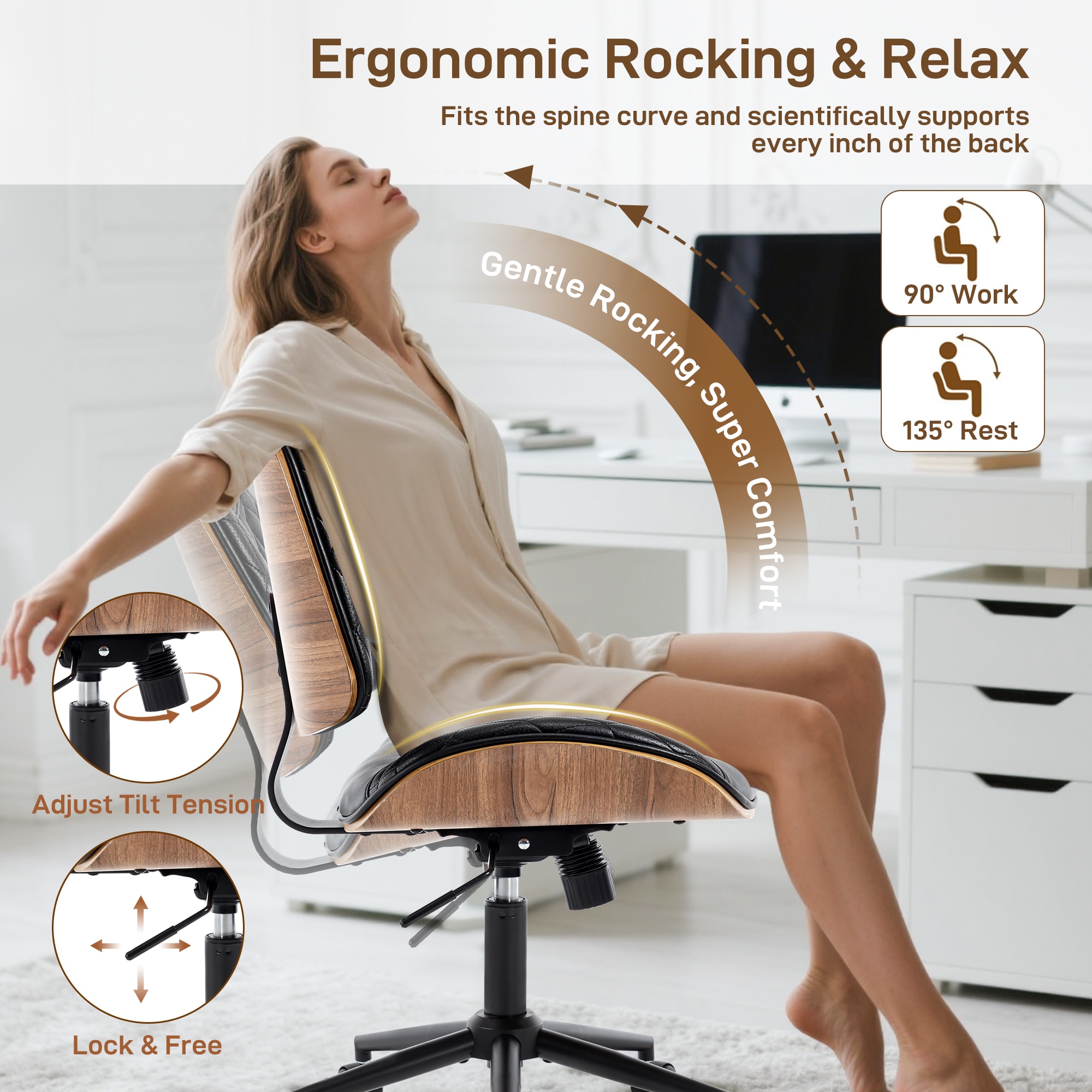 Armless Office Chair With Wheels, Adjustable Height Mid Back Small Desk Chair, Modern Walnut Bentwood Back, PU Leather Swivel Rolling Computer Task Chair For Home Office, Meeting Room, Study, Set Of 1_voghion.com
